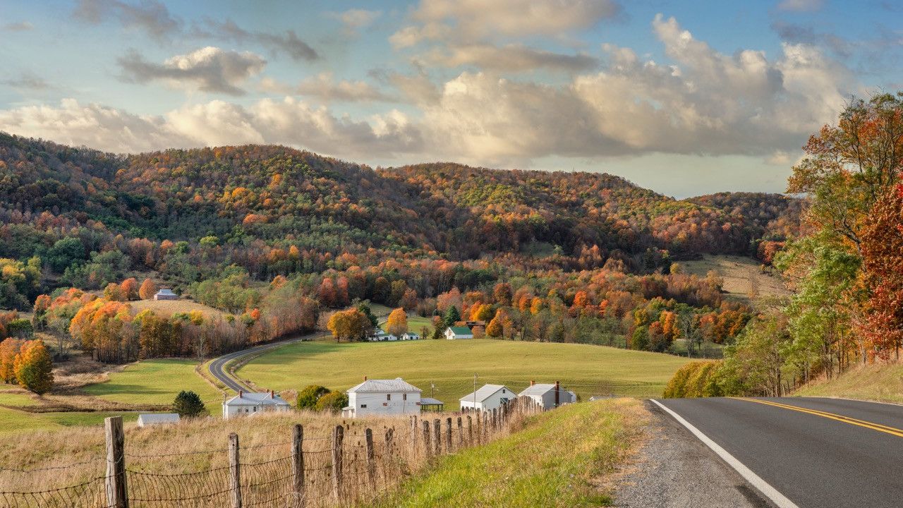 Rural farm town in autumn in the valleys and hills of the Appalachian Mountains