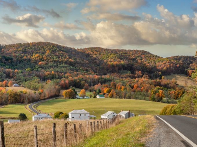 Rural farm town in autumn in the valleys and hills of the Appalachian Mountains